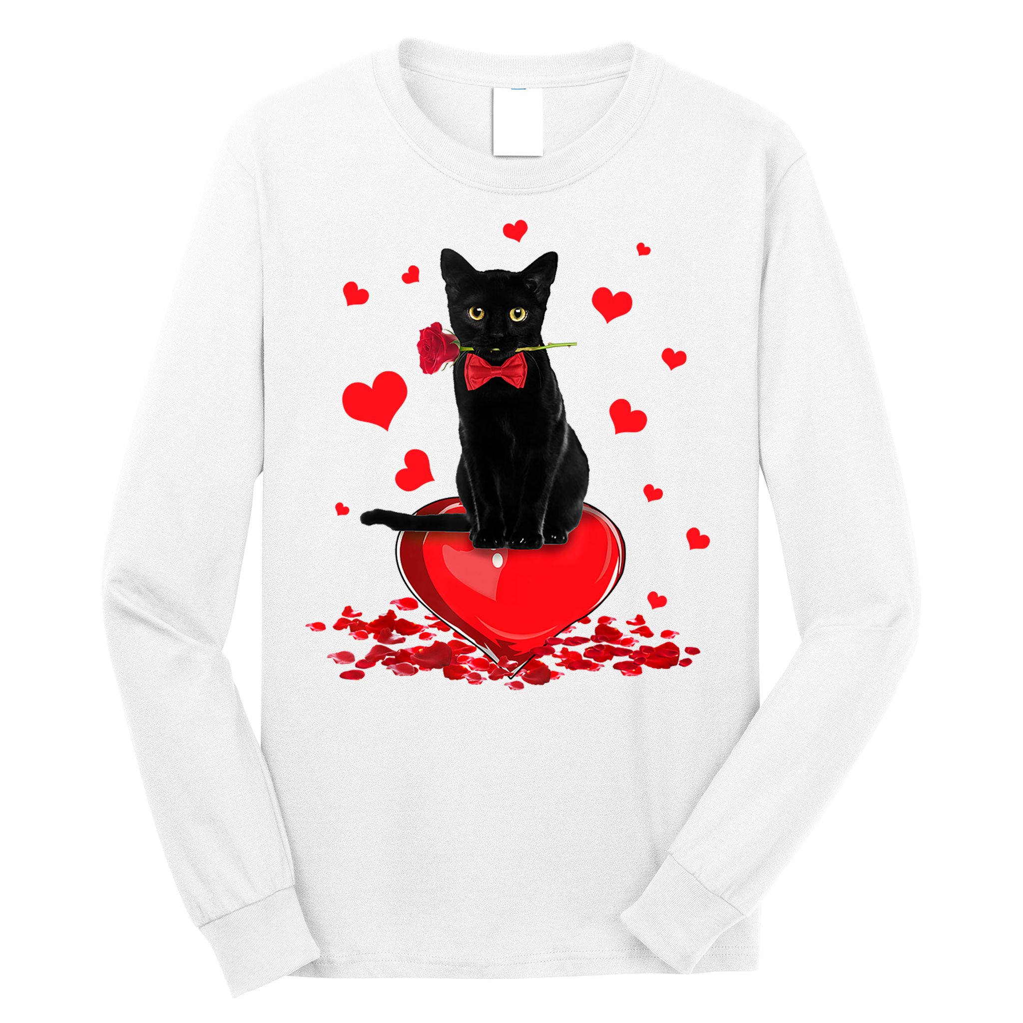 Black Cat Red Rose Valentines Day Long Sleeve Shirt