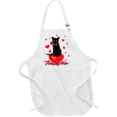 Black Cat Red Rose Valentines Day Full-Length Apron With Pockets