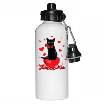 Black Cat Red Rose Valentines Day Aluminum Water Bottle