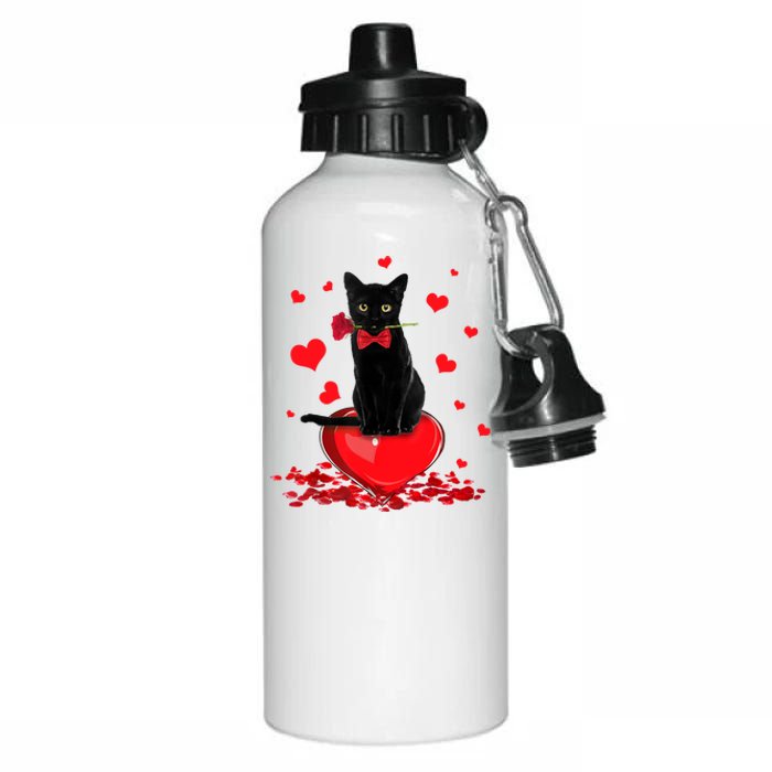 Black Cat Red Rose Valentines Day Aluminum Water Bottle