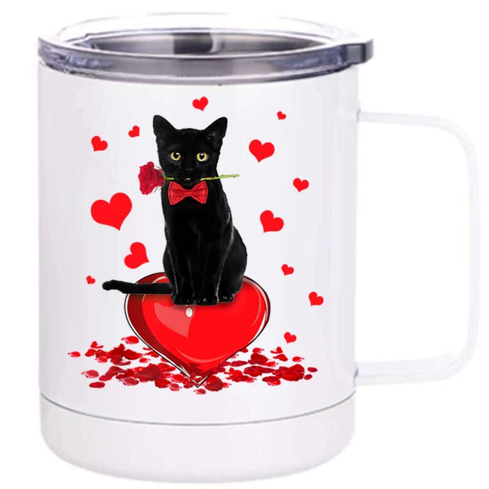 Black Cat Red Rose Valentines Day 12 oz Stainless Steel Tumbler Cup