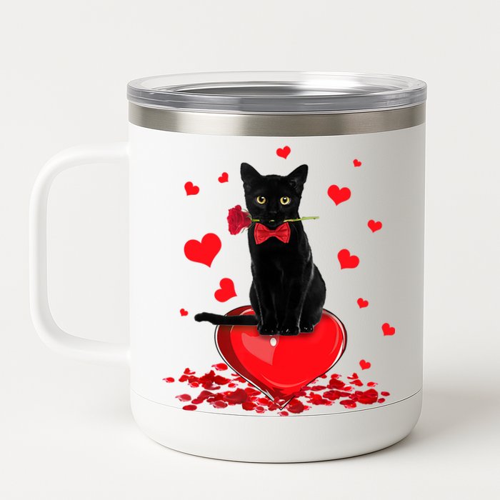 Black Cat Red Rose Valentines Day 12 oz Stainless Steel Tumbler Cup