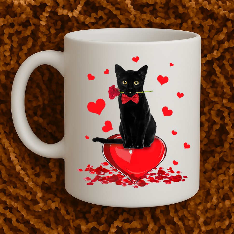 Black Cat Red Rose Valentines Day Mug