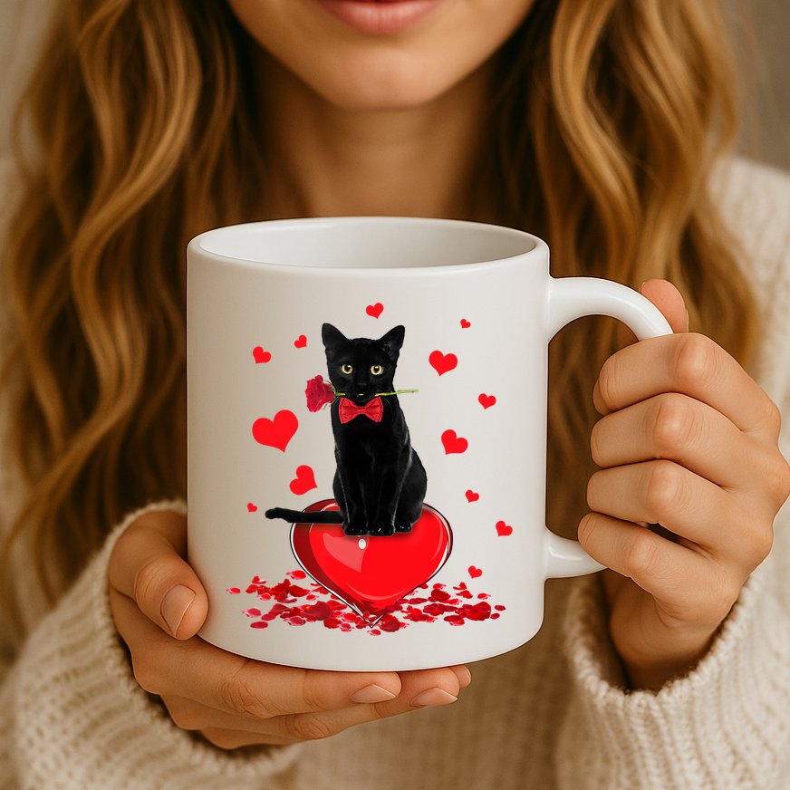Black Cat Red Rose Valentines Day Mug