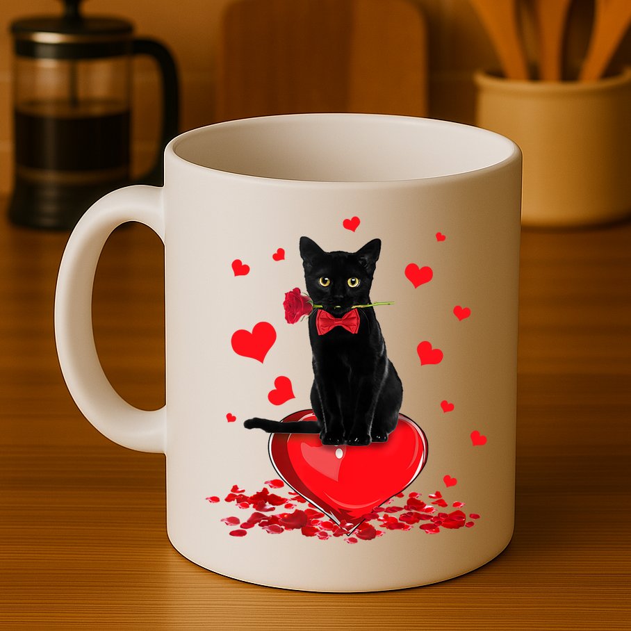 Black Cat Red Rose Valentines Day Mug