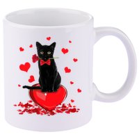 Black Cat Red Rose Valentines Day 11oz C Handle Ceramic Mug