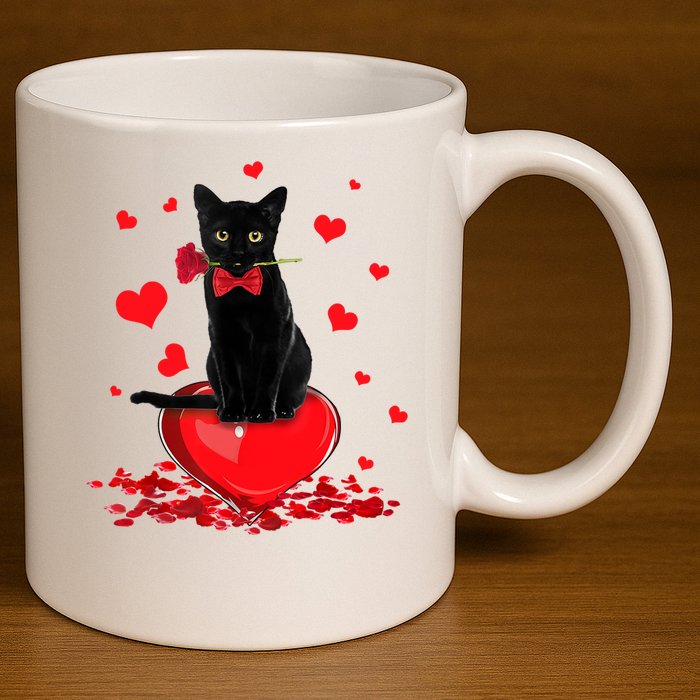 Black Cat Red Rose Valentines Day 11oz C Handle Ceramic Mug