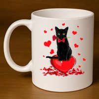 Black Cat Red Rose Valentines Day 11oz C Handle Ceramic Mug
