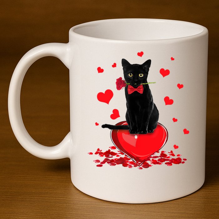 Black Cat Red Rose Valentines Day 11oz C Handle Ceramic Mug