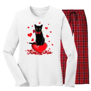 Black Cat Red Rose Valentines Day Women's Long Sleeve Flannel Pajama Set 