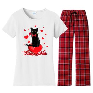 Black Cat Red Rose Valentines Day Women's Flannel Pajama Set