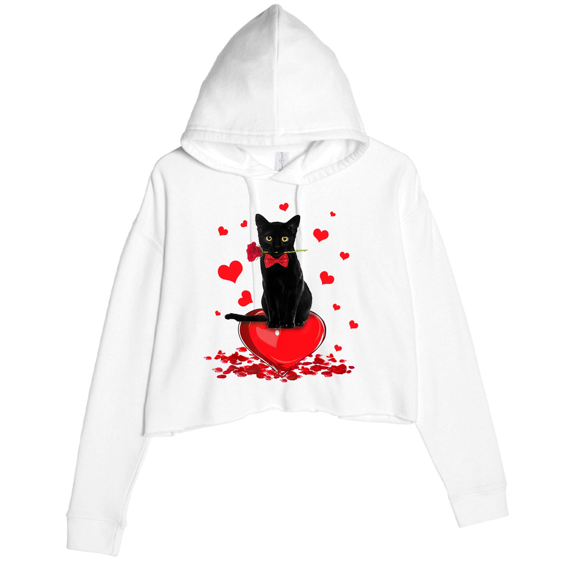 Black Cat Red Rose Valentines Day Crop Fleece Hoodie