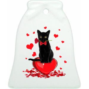 Black Cat Red Rose Valentines Day Ceramic Bell Ornament