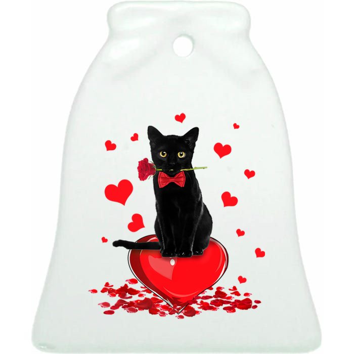 Black Cat Red Rose Valentines Day Ceramic Bell Ornament