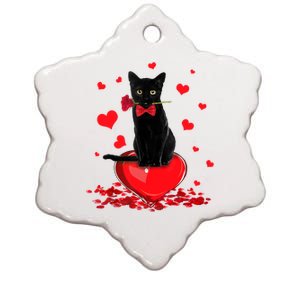 Black Cat Red Rose Valentines Day Ceramic Star Ornament