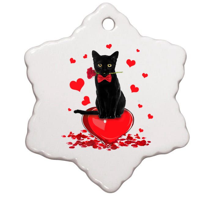 Black Cat Red Rose Valentines Day Ceramic Star Ornament