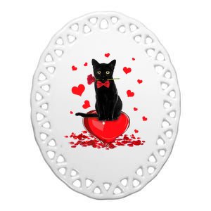 Black Cat Red Rose Valentines Day Ceramic Oval Ornament