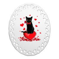 Black Cat Red Rose Valentines Day Ceramic Oval Ornament