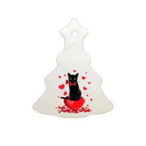 Black Cat Red Rose Valentines Day Ceramic Tree Ornament