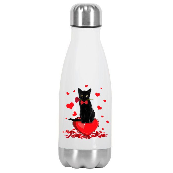 Black Cat Red Rose Valentines Day Stainless Steel Insulated Water Bottle