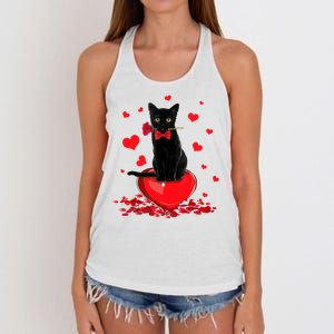 Black Cat Red Rose Valentines Day Women's Knotted Racerback Tank