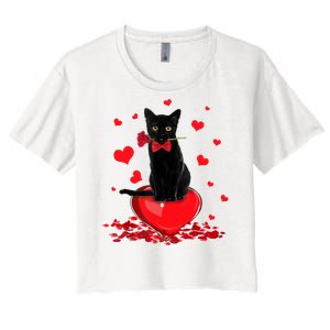 Black Cat Red Rose Valentines Day Women's Crop Top Tee