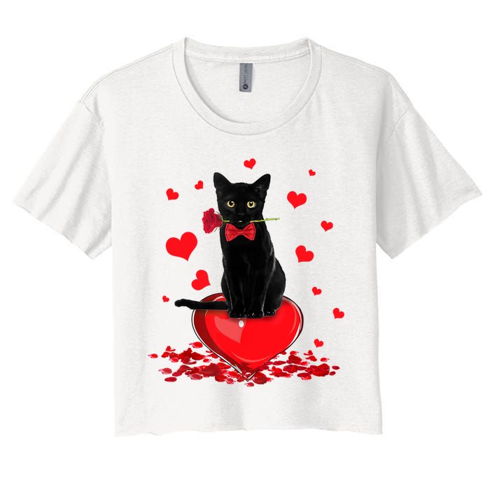 Black Cat Red Rose Valentines Day Crop Top