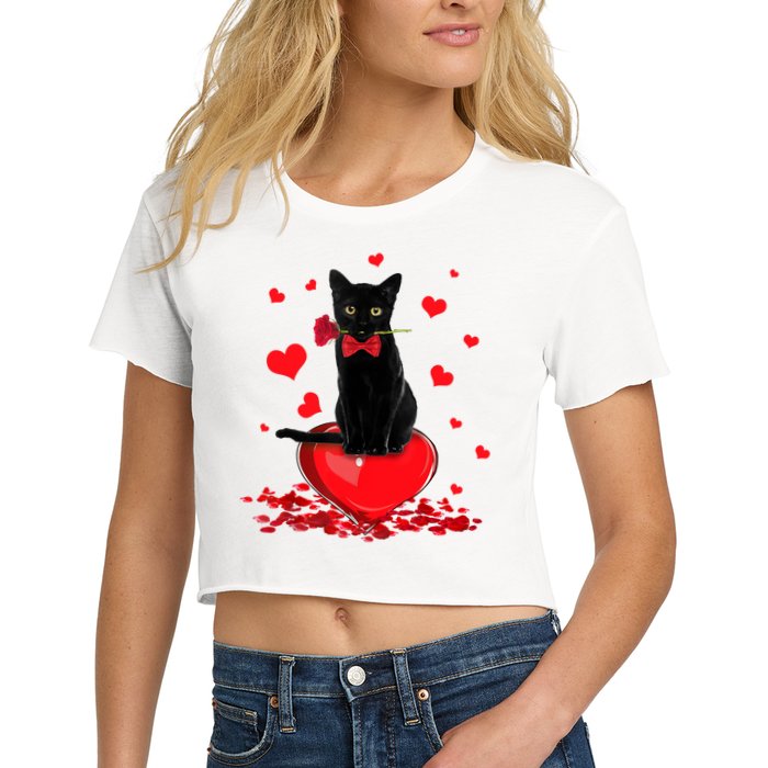 Black Cat Red Rose Valentines Day Crop Top