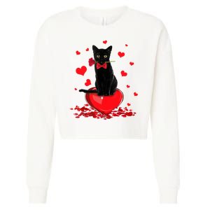 Black Cat Red Rose Valentines Day Cropped Pullover Crew