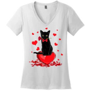 Black Cat Red Rose Valentines Day Women's V-Neck T-Shirt