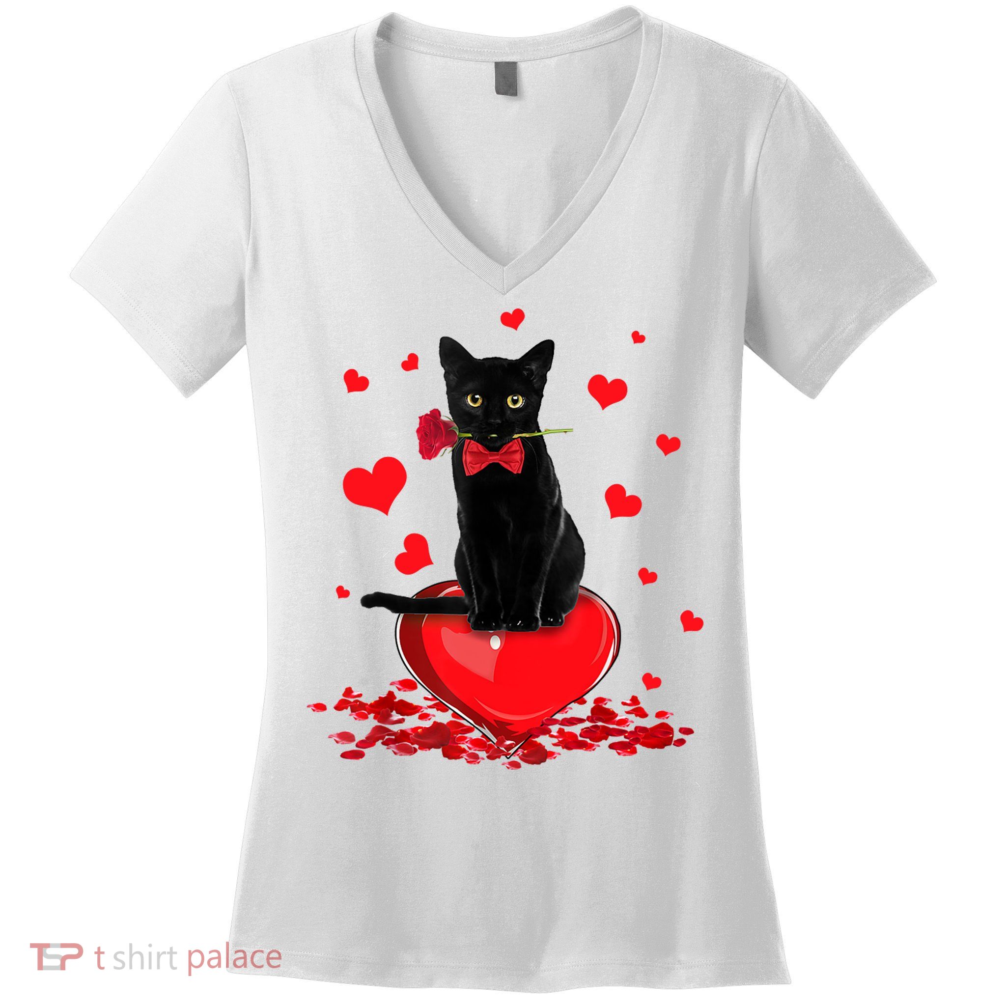 Black Cat Red Rose Valentines Day Women's V-Neck T-Shirt