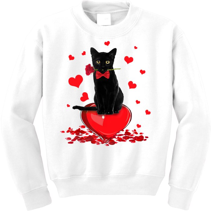 Black Cat Red Rose Valentines Day Kids Sweatshirt