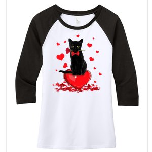 Black Cat Red Rose Valentines Day Women's Tri-Blend 3/4-Sleeve Raglan Shirt