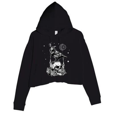 Black Crow Raven Skull Viking Norse Occult Gothic Crop Fleece Hoodie