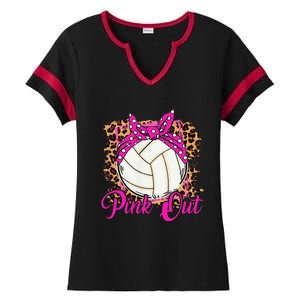 Breast Cancer Ribbon Pink Out Volleyball Pink Ribbon Leopard Ladies Halftime Notch Neck Tee