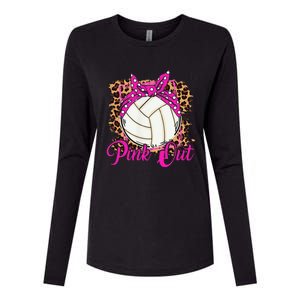 Breast Cancer Ribbon Pink Out Volleyball Pink Ribbon Leopard Womens Cotton Relaxed Long Sleeve T-Shirt