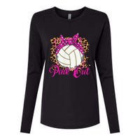 Breast Cancer Ribbon Pink Out Volleyball Pink Ribbon Leopard Womens Cotton Relaxed Long Sleeve T-Shirt