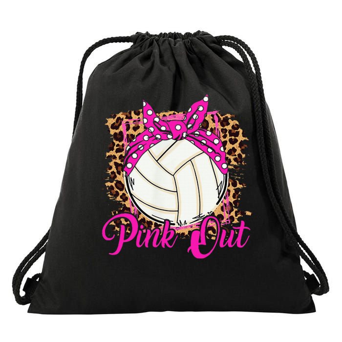 Breast Cancer Ribbon Pink Out Volleyball Pink Ribbon Leopard Drawstring Bag