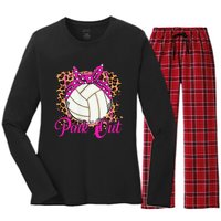 Breast Cancer Ribbon Pink Out Volleyball Pink Ribbon Leopard Women's Long Sleeve Flannel Pajama Set 