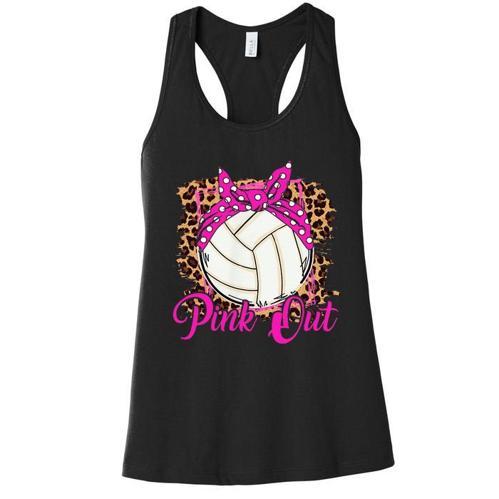 Breast Cancer Ribbon Pink Out Volleyball Pink Ribbon Leopard Women's Racerback Tank