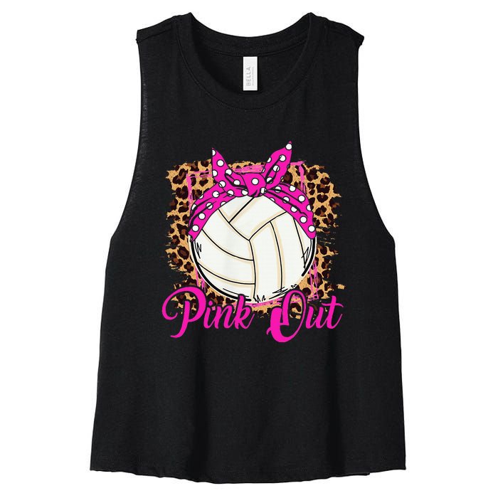 Breast Cancer Ribbon Pink Out Volleyball Pink Ribbon Leopard Women's Racerback Cropped Tank