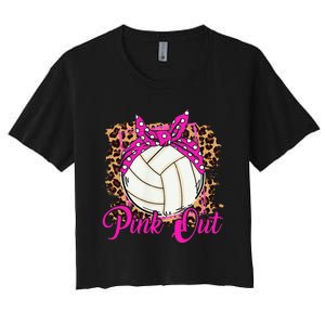 Breast Cancer Ribbon Pink Out Volleyball Pink Ribbon Leopard Women's Crop Top Tee