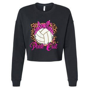 Breast Cancer Ribbon Pink Out Volleyball Pink Ribbon Leopard Cropped Pullover Crew