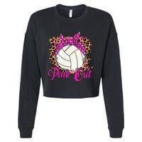 Breast Cancer Ribbon Pink Out Volleyball Pink Ribbon Leopard Cropped Pullover Crew