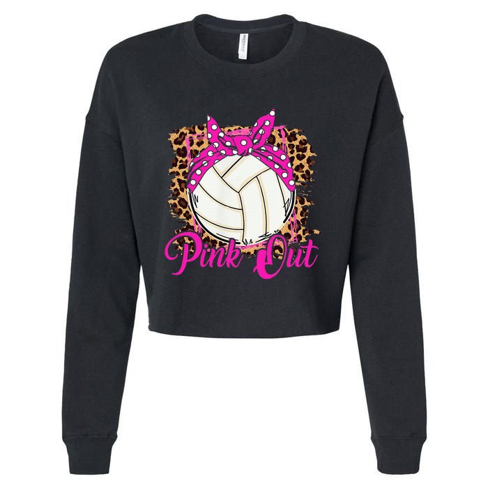 Breast Cancer Ribbon Pink Out Volleyball Pink Ribbon Leopard Cropped Pullover Crew