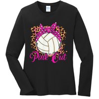 Breast Cancer Ribbon Pink Out Volleyball Pink Ribbon Leopard Ladies Long Sleeve Shirt