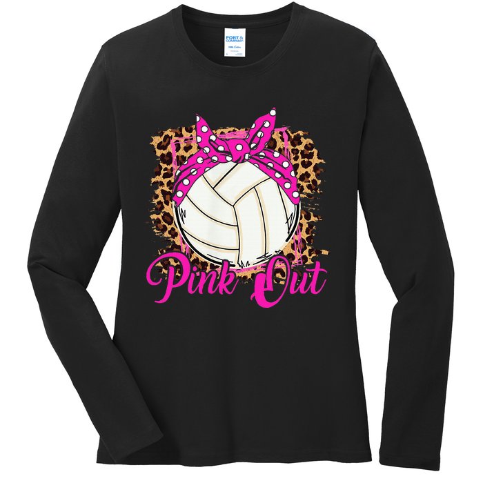 Breast Cancer Ribbon Pink Out Volleyball Pink Ribbon Leopard Ladies Long Sleeve Shirt