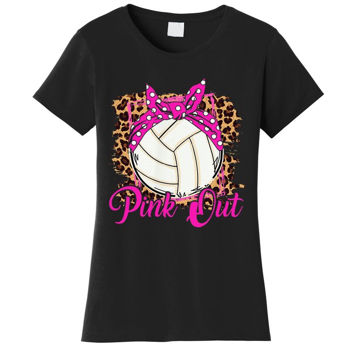 Breast Cancer Ribbon Pink Out Volleyball Pink Ribbon Leopard Women's T-Shirt