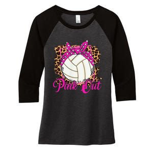 Breast Cancer Ribbon Pink Out Volleyball Pink Ribbon Leopard Women's Tri-Blend 3/4-Sleeve Raglan Shirt