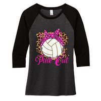 Breast Cancer Ribbon Pink Out Volleyball Pink Ribbon Leopard Women's Tri-Blend 3/4-Sleeve Raglan Shirt